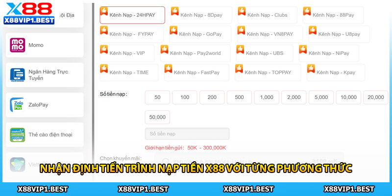 Nhận định tiến trình nạp tiền X88 với từng phương thức